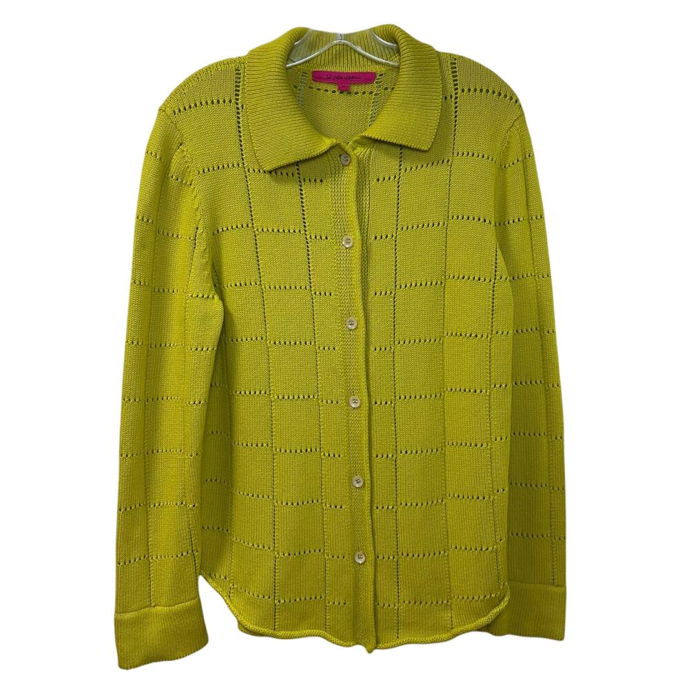 The Elder Statesman Grid Pointelle Cashmere Knit Shirt Chartreuse Yellow Medium - Picture 2 of 9